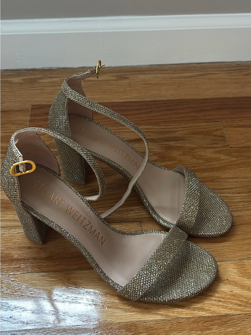 Stuart Weitzman Gold Glitter Strappy Block Heel Sandals